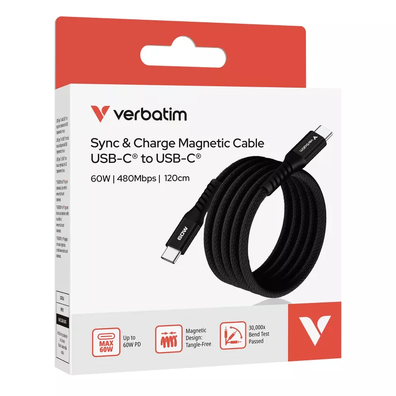Verbatim Sync & Charge Magnetic Cable - 60W USB-C to USB-C 120 cm Black