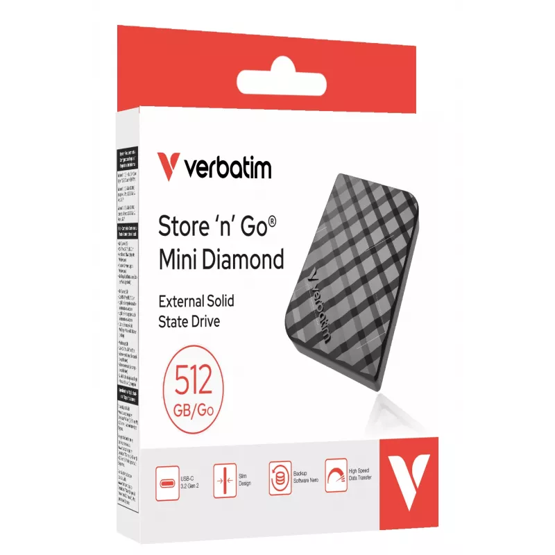 Verbatim Store 'n' Go Mini Diamond USB-C 512GB Black, 512 GB, M.2, USB Type-C, 3.2 Gen 2 (3.1 Gen 2), 1000 MB/s, Black