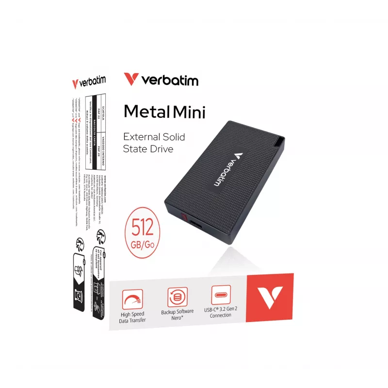 Verbatim Metal Mini SSD USB-C 3.Gen 2 512 GB, 512 GB, USB Type-C, USB 3.2 Gen 2x2, 2000 MB/s, 10 Gbit/s, Grey
