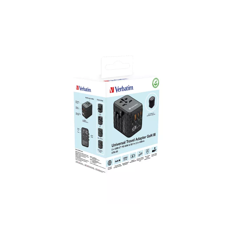 Verbatim UTA-05 65W GaN III Universal Travel Adapter with 2 x USB-C PD & QC 4+ & 2 x USB-A ports