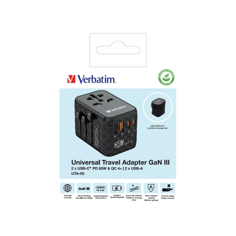 Verbatim UTA-05 65W GaN III Universal Travel Adapter with 2 x USB-C PD & QC 4+ & 2 x USB-A ports