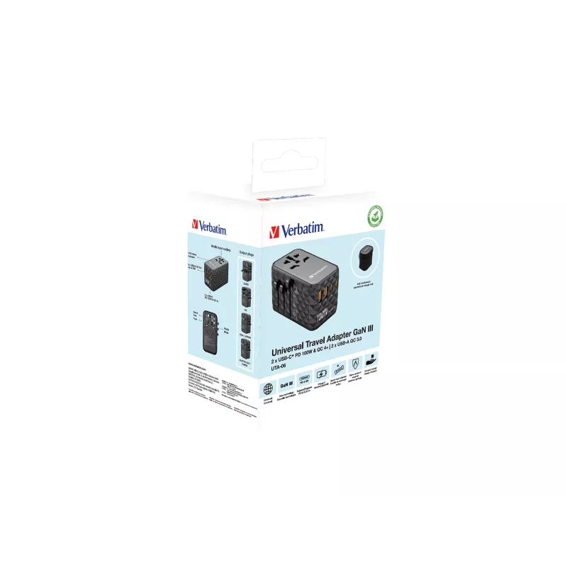 Verbatim UTA-06 100W GaN III Universal Travel Adapter with 2 x USB-C PD & QC 4+ & 2 x USB-A QC 3.0 ports