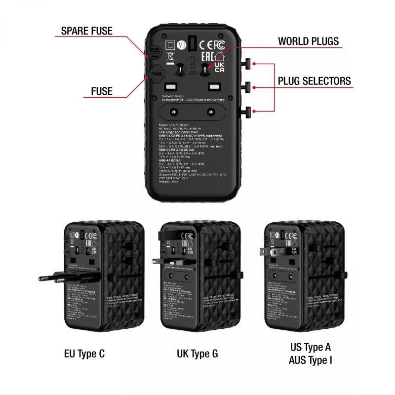 Verbatim UTA-10 140W GaN III Universal Travel Adapter with 2 x USB-C PD 3.1 & QC 4+, 1 x USB-C PD 3.0 & 1 x USB-A QC 3.0 ports