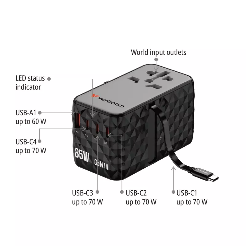 Verbatim Charge 'n' Travel Diamond 85W Retractable Cable CNT-02