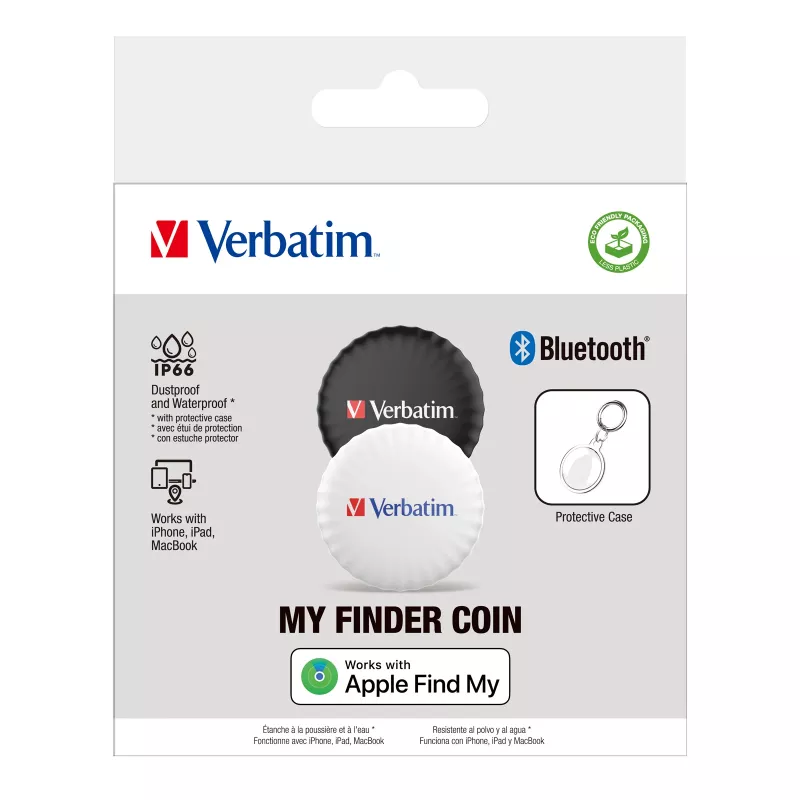 Verbatim My Finder Coin Bluetooth Tracker - 2 Pack, Personal, Finder, Black, White, Dust resistant, Waterproof, IP66, CR2032