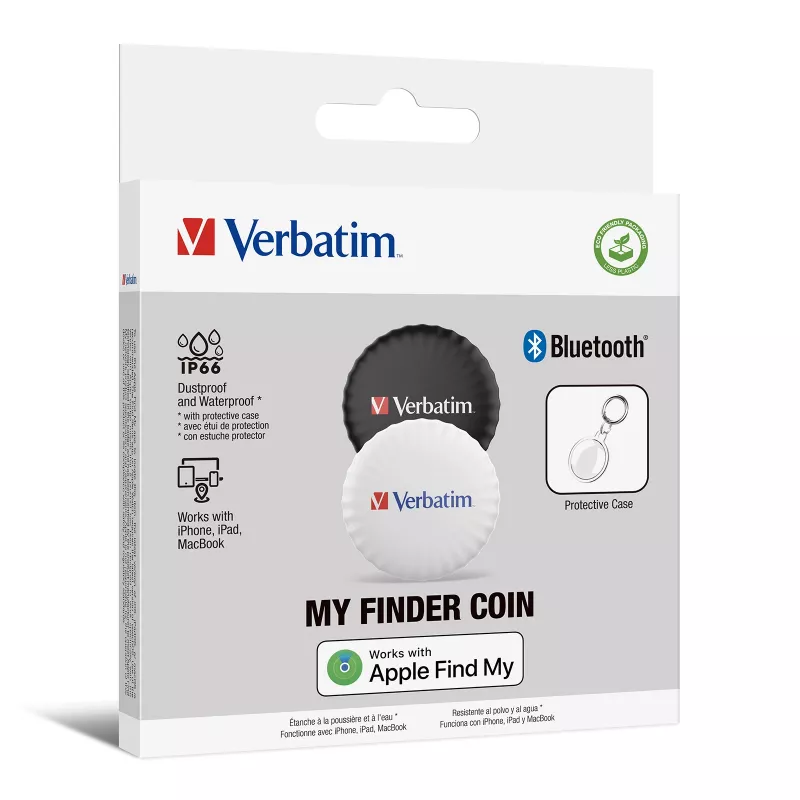 Verbatim My Finder Coin Bluetooth Tracker - 2 Pack, Personal, Finder, Black, White, Dust resistant, Waterproof, IP66, CR2032