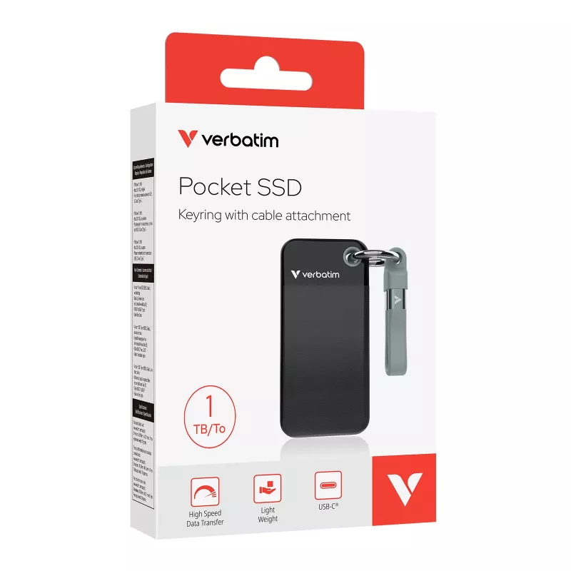 Verbatim Pocket SSD USB 3.2 Gen 2 1TB Black/Grey, 1 TB, USB Type-C, 3.2 Gen 2 (3.1 Gen 2), 1000 MB/s, 10 Gbit/s, Black, Grey