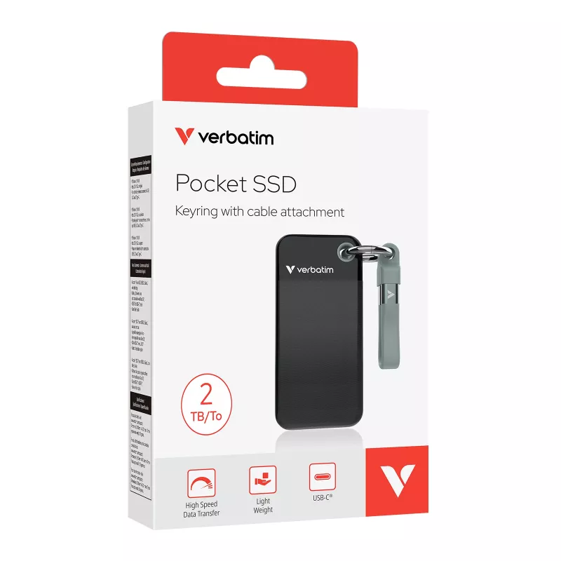 Verbatim Pocket SSD USB 3.2 Gen 2 2TB Black/Grey, 2 TB, USB Type-C, 3.2 Gen 2 (3.1 Gen 2), 1000 MB/s, 10 Gbit/s, Black, Grey