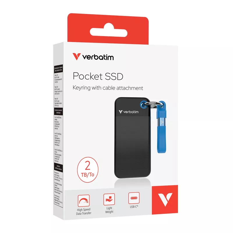 Verbatim Pocket SSD USB 3.2 Gen 2 2TB Black/Blue, 2 TB, USB Type-C, 3.2 Gen 2 (3.1 Gen 2), 1000 MB/s, 10 Gbit/s, Black, Blue