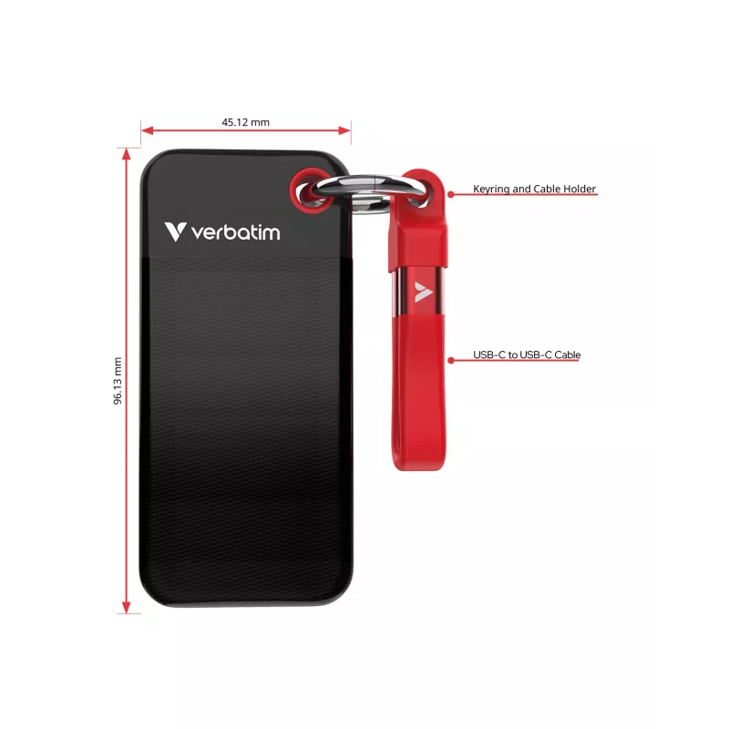 Verbatim Pocket SSD USB 3.2 Gen 2 2TB Black/Red, 2 TB, USB Type-C, 3.2 Gen 2 (3.1 Gen 2), 1000 MB/s, 10 Gbit/s, Black, Red