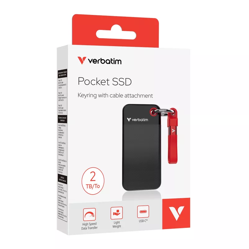 Verbatim Pocket SSD USB 3.2 Gen 2 2TB Black/Red, 2 TB, USB Type-C, 3.2 Gen 2 (3.1 Gen 2), 1000 MB/s, 10 Gbit/s, Black, Red