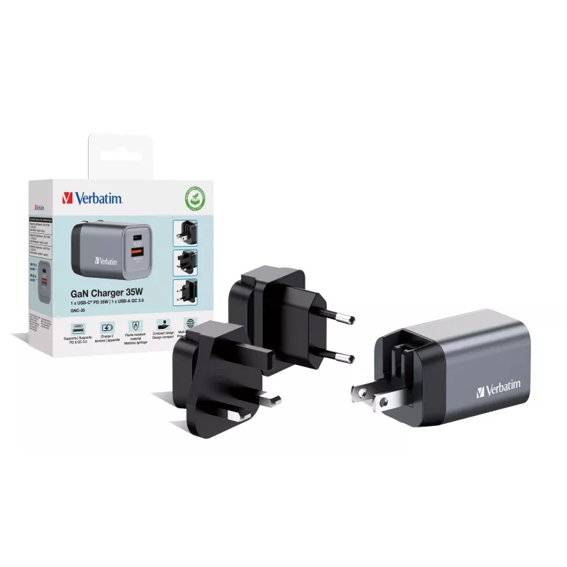 Verbatim GNC-35 GaN Charger 35W with 1 x USB-C PD 35W / 1 x USB-A QC 3.0 (EU/UK/US)