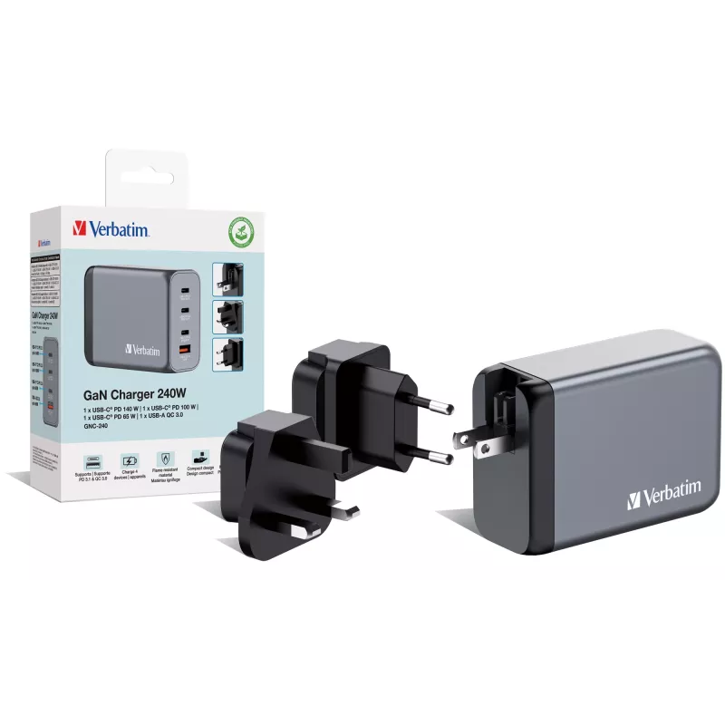 Verbatim GNC-240 GaN Charger 240W with 1 x USB-C 140W /1 x USB-C 100W / 1 x USB-C 65W / 1 x USB-A QC 3.0 (EU/UK/US)