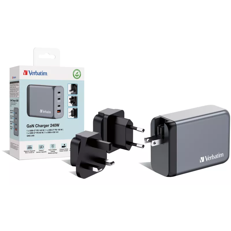 Verbatim GNC-240 GaN Charger 240W with 1 x USB-C 140W /1 x USB-C 100W / 1 x USB-C 65W / 1 x USB-A QC 3.0 (EU/UK/US)