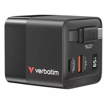 Verbatim GaN Charger 65W 2 Port retractable cable display US plugs with EU and UK adaptors
