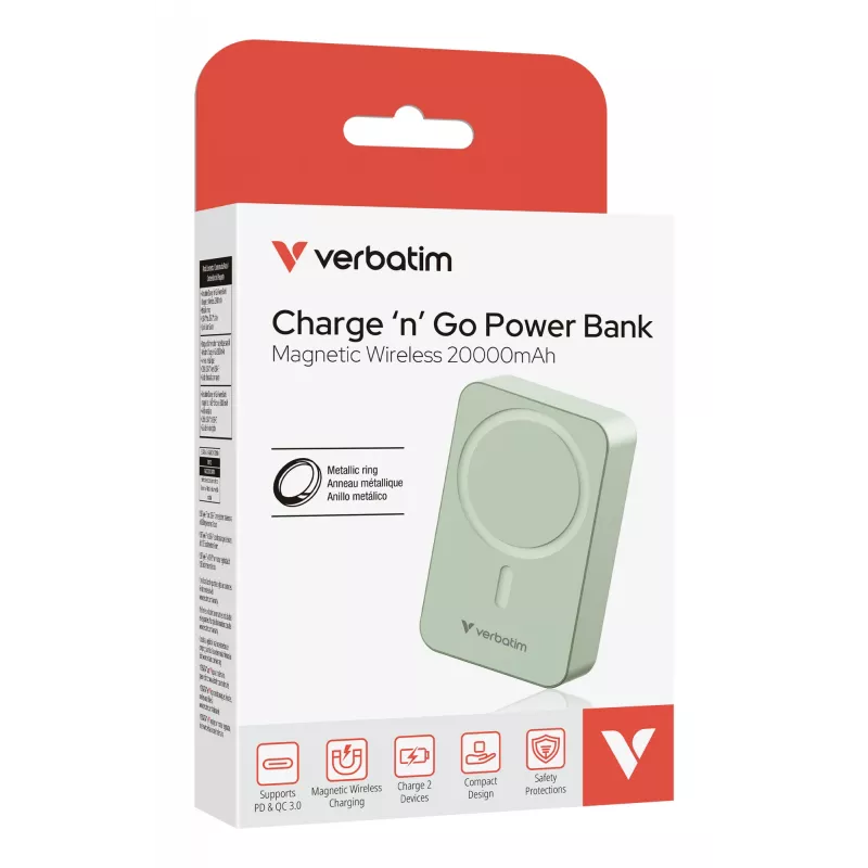 Verbatim Charge 'n' Go Essentials Magnetic Wireless Power Bank 20000 mAh Green