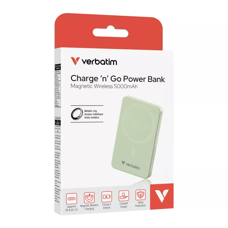 Verbatim Charge 'n' Go Essentials Magnetic Wireless Power Bank 5000 mAh Green