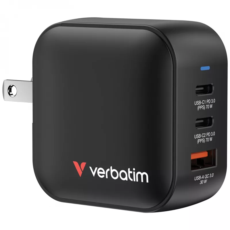 Verbatim Mini GaN Charger 70W 3 Port US plug with EU and UK adaptors