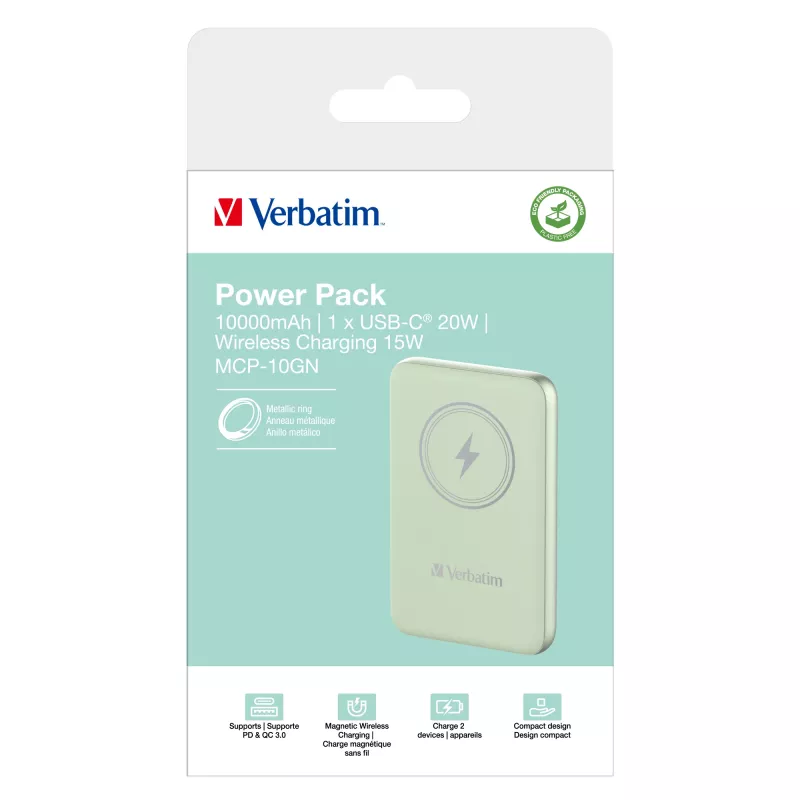 Verbatim Charge 'n' Go Magnetic Wireless Power Bank 10000mAh Green