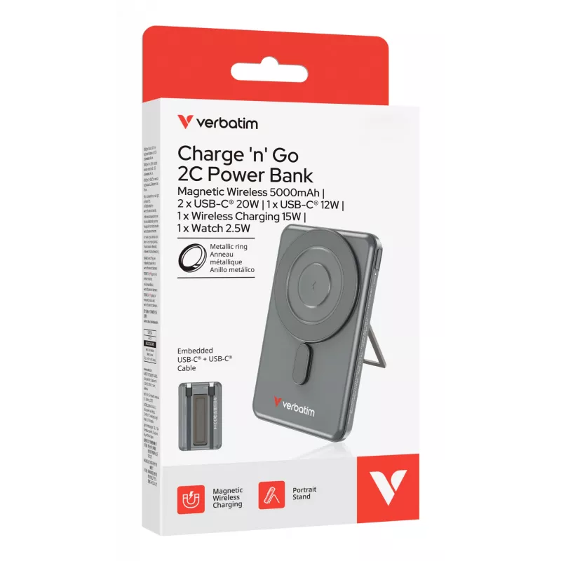 Verbatim Charge'n'Go 2C Power Bank 5000 mAh Grey, 5000 mAh, Adaptive Fast Charging, Power Delivery 3.0, Quick Charge 3.0, Wireless charging, 3.85 V, 20 W, Grey