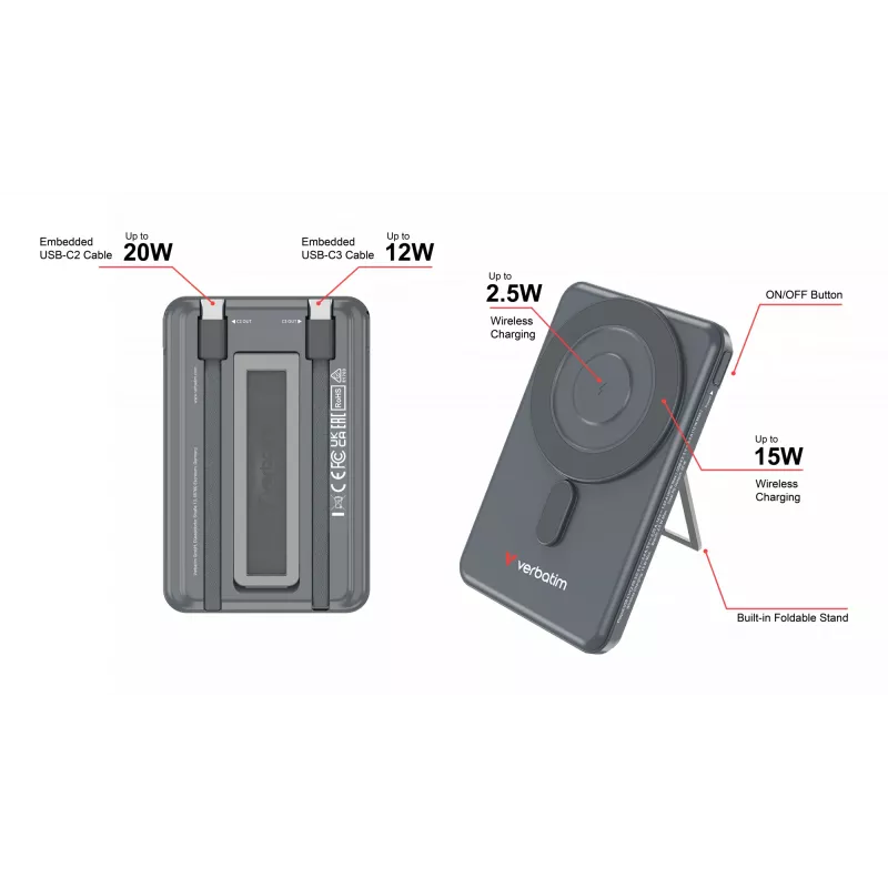 Verbatim Charge'n'Go 2C Power Bank 5000 mAh Grey, 5000 mAh, Adaptive Fast Charging, Power Delivery 3.0, Quick Charge 3.0, Wireless charging, 3.85 V, 20 W, Grey