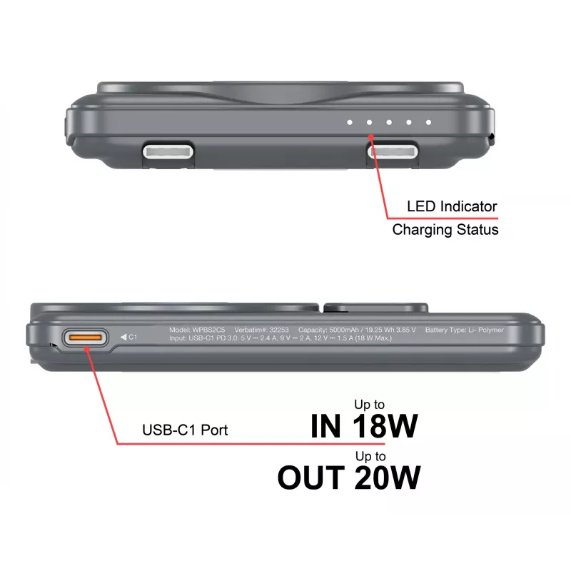 Verbatim Charge'n'Go 2C Power Bank 5000 mAh Grey, 5000 mAh, Adaptive Fast Charging, Power Delivery 3.0, Quick Charge 3.0, Wireless charging, 3.85 V, 20 W, Grey