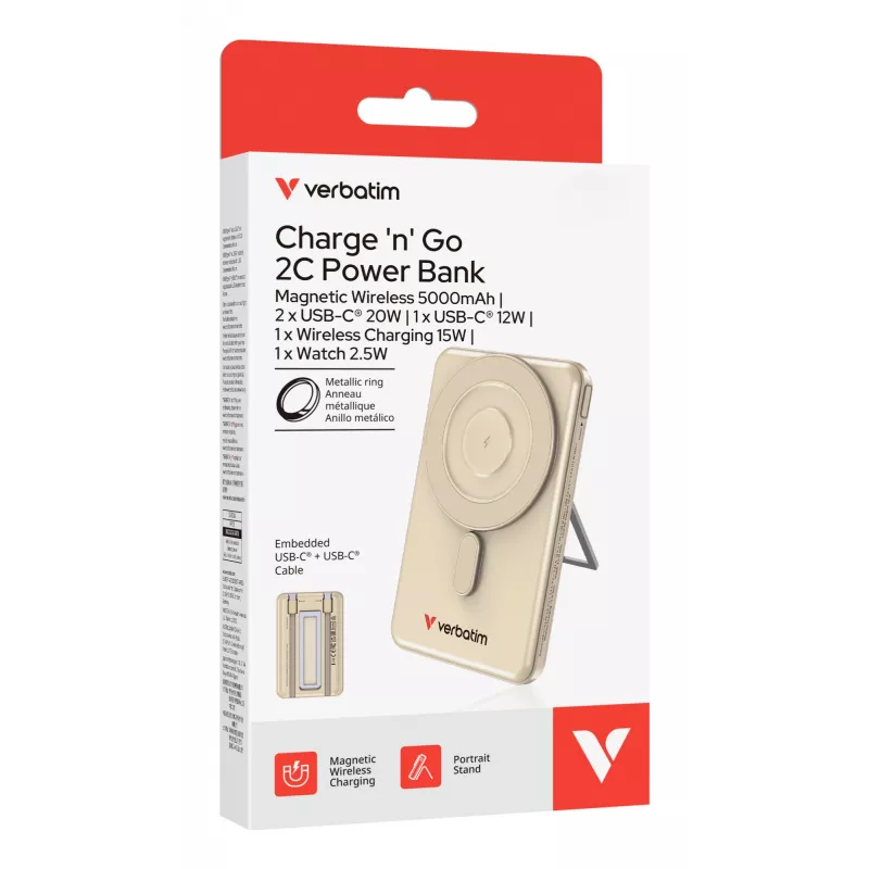 Verbatim Charge'n'G0 2C power Bank 5000 rnAh Gold, 5000 mAh, Polymer, Adaptive Fast Charging, Power Delivery 3.0, Quick Charge 3.0, Wireless charging, 3.85 V, 20 W