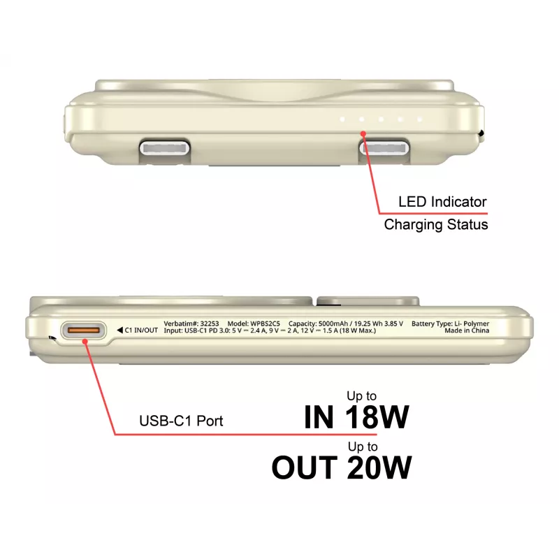Verbatim Charge'n'G0 2C power Bank 5000 rnAh Gold, 5000 mAh, Polymer, Adaptive Fast Charging, Power Delivery 3.0, Quick Charge 3.0, Wireless charging, 3.85 V, 20 W
