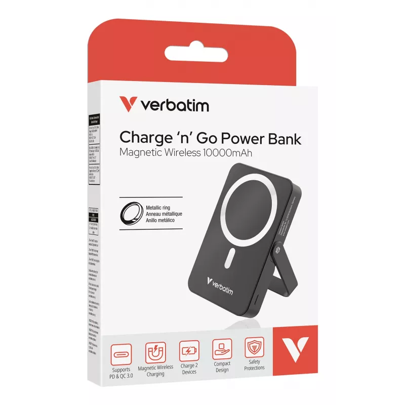 Verbatim Charge 'n' Go Magnetic Wireless Power Bank with stand - 10000 mAh Black