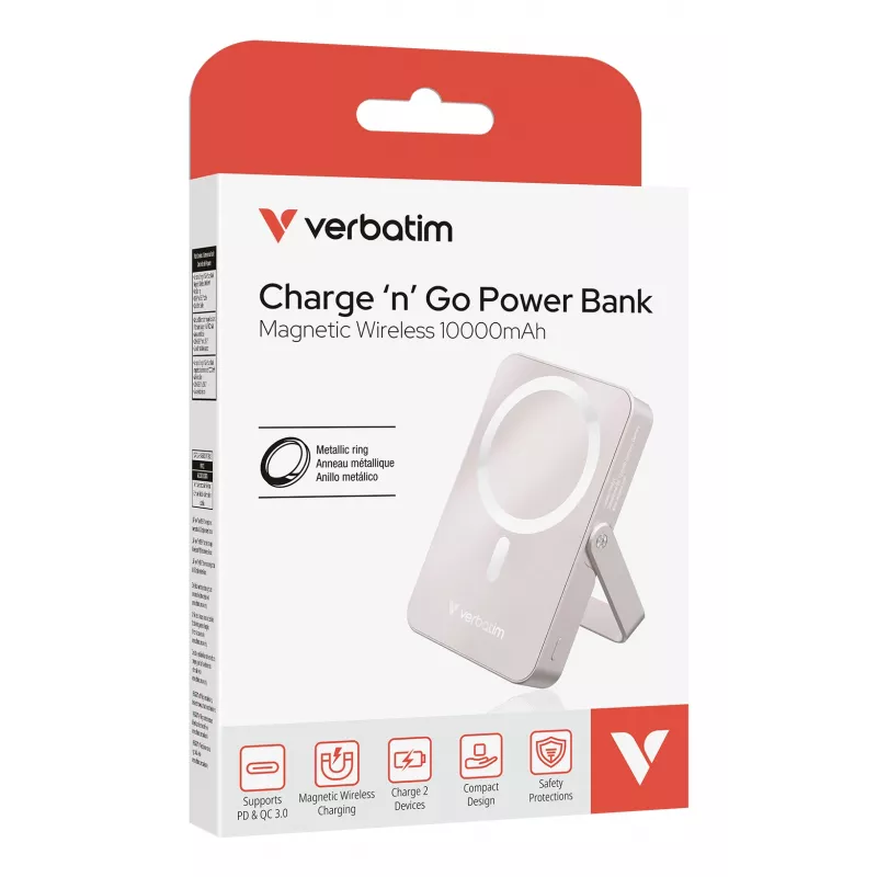 Verbatim Charge 'n' Go Magnetic Wireless Power Bank with stand - 10000 mAh Pink