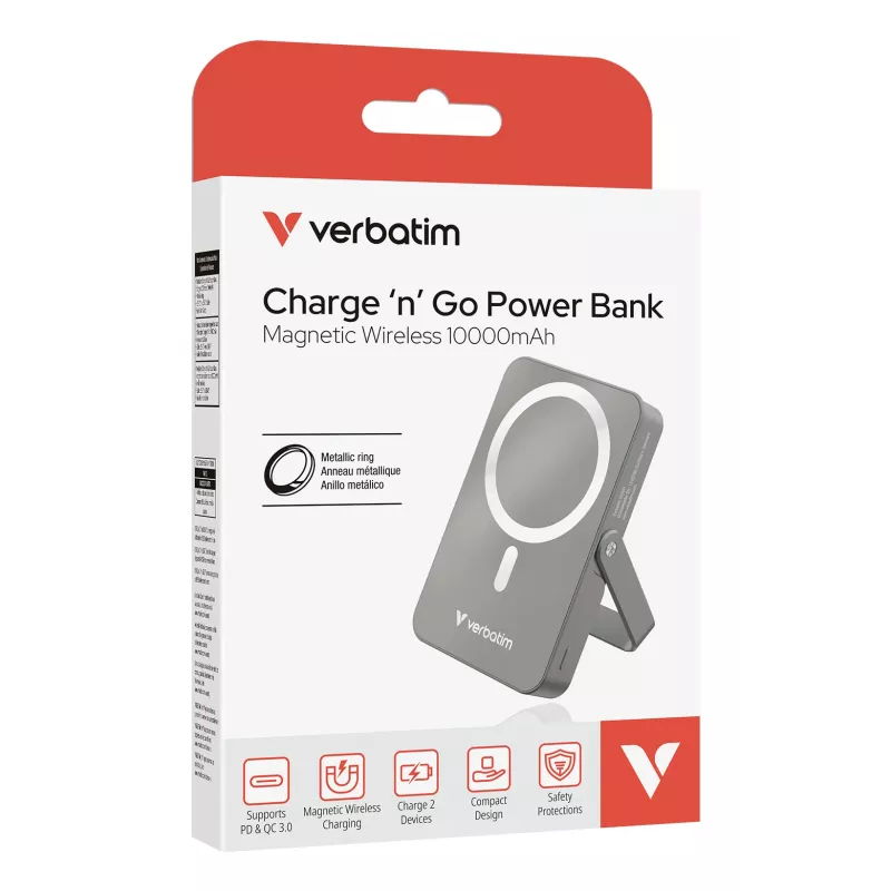 Verbatim Charge 'n' Go Magnetic Wireless Power Bank with stand - 10000 mAh Grey