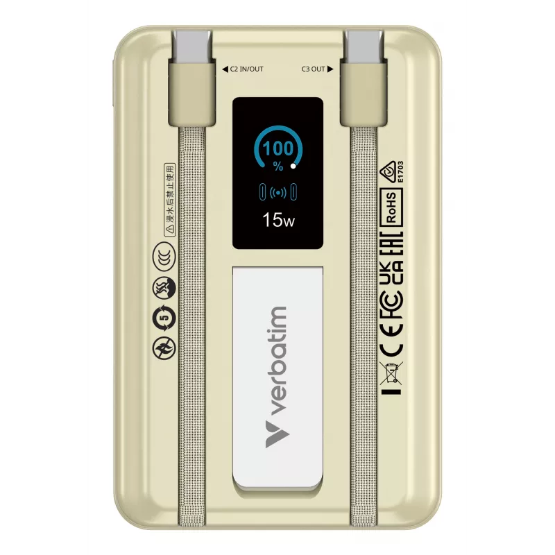 Verbatim Charge'n'Go 2C & Display Power Bank 10000 mAh Gold, 10000 mAh, Lithium Polymer (LiPo), Power Delivery 3.0, Quick Charge 3.0, Wireless charging, 3.85 V, 52 W