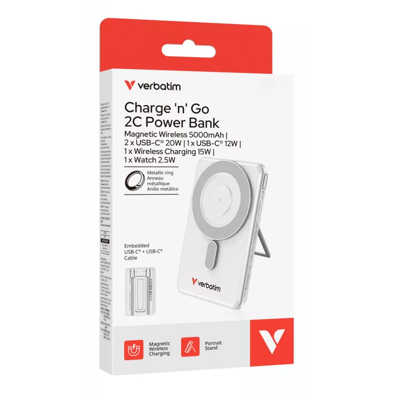 Verbatim Charge'n'Go 2C Power Bank 5000 mAh Silver, 5000 mAh, Lithium Polymer (LiPo), Adaptive Fast Charging, Power Delivery 3.0, Quick Charge 3.0, Wireless charging, 3.85 V, 20 W