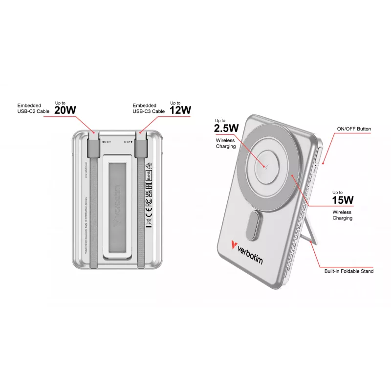 Verbatim Charge'n'Go 2C Power Bank 5000 mAh Silver, 5000 mAh, Lithium Polymer (LiPo), Adaptive Fast Charging, Power Delivery 3.0, Quick Charge 3.0, Wireless charging, 3.85 V, 20 W