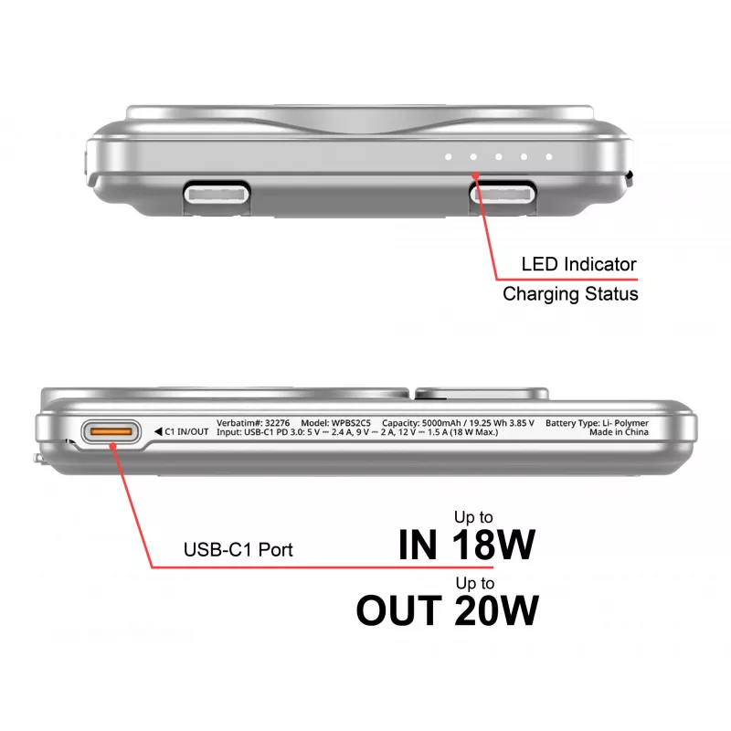 Verbatim Charge'n'Go 2C Power Bank 5000 mAh Silver, 5000 mAh, Lithium Polymer (LiPo), Adaptive Fast Charging, Power Delivery 3.0, Quick Charge 3.0, Wireless charging, 3.85 V, 20 W