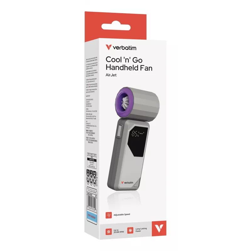 Verbatim Cool’n’Go AirJet Handheld Fan Grey/Purple, Grey, Purple, Handheld fan, 1 pc(s), 6 W, Lithium-Ion (Li-Ion), 3.7 V
