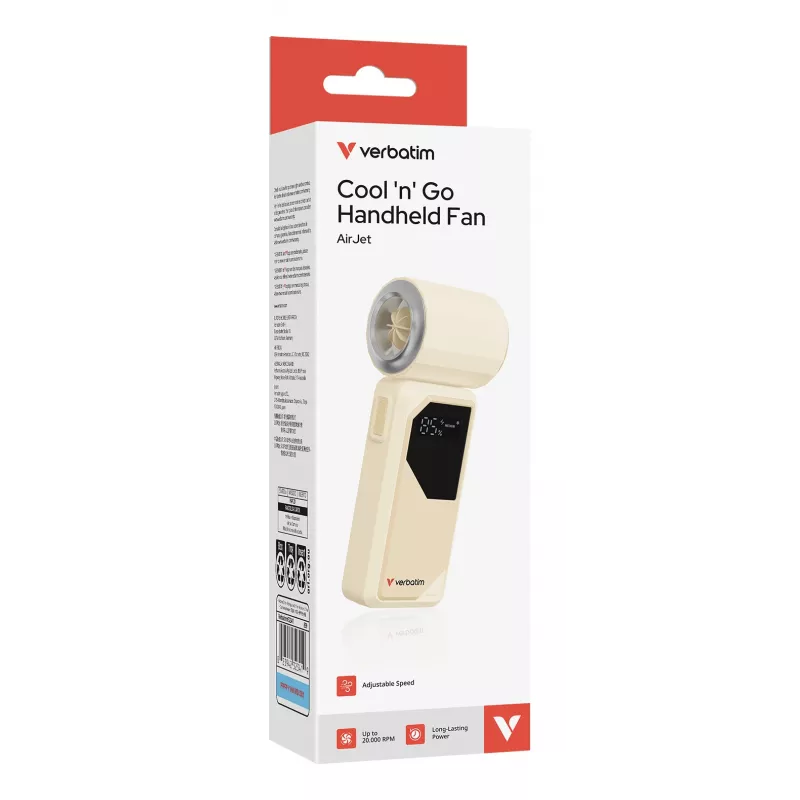 Verbatim Cool’n’Go AirJet Handheld Fan White/Silver, Silver, White, Handheld fan, 1 pc(s), 6 W, Lithium-Ion (Li-Ion), 3.7 V