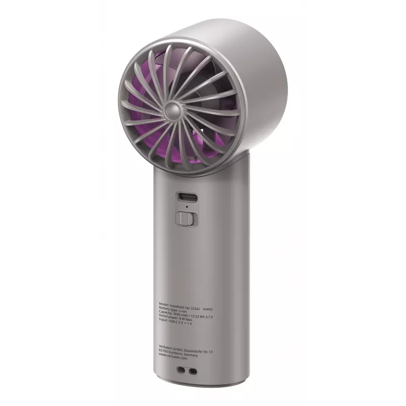 Verbatim Cool’n’Go IceTouch Handheld Fan Grey/Purple, Grey, Purple, 1 fan(s), Handheld fan, 1 pc(s), 8 W, Lithium-Ion (Li-Ion)