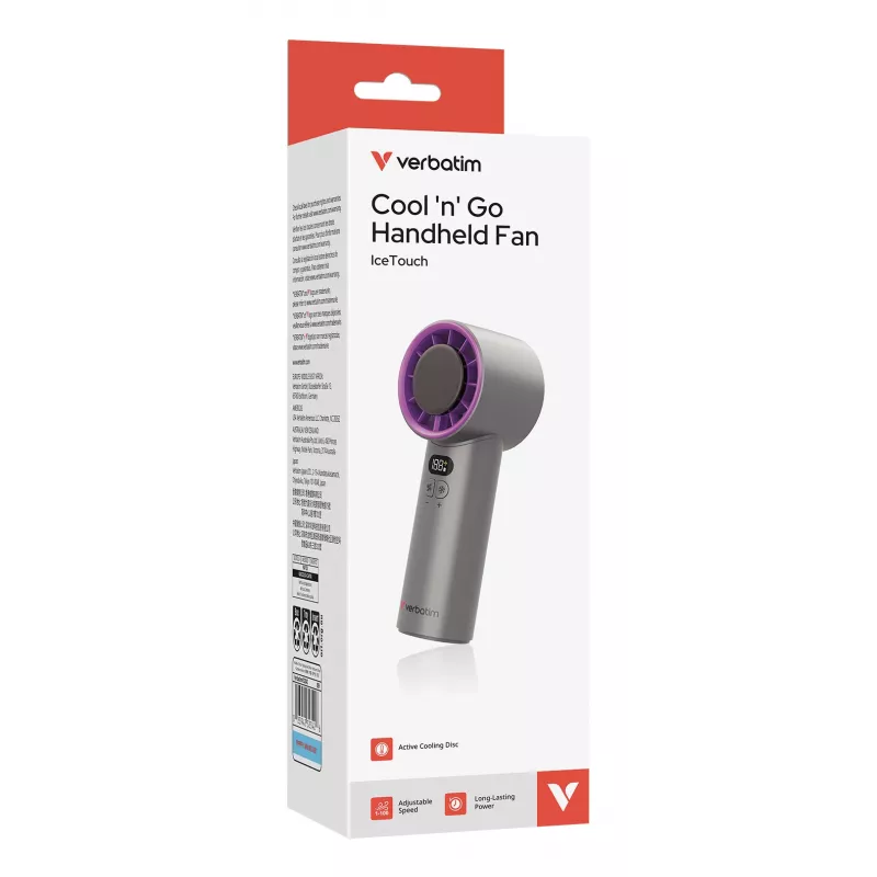 Verbatim Cool’n’Go IceTouch Handheld Fan Grey/Purple, Grey, Purple, 1 fan(s), Handheld fan, 1 pc(s), 8 W, Lithium-Ion (Li-Ion)