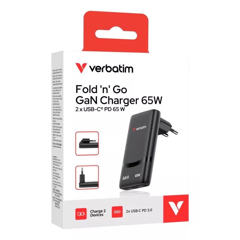 Verbatim Fold 'n' Go GaN Charger 65W EU plug Black, Indoor, AC, 20 V, Black