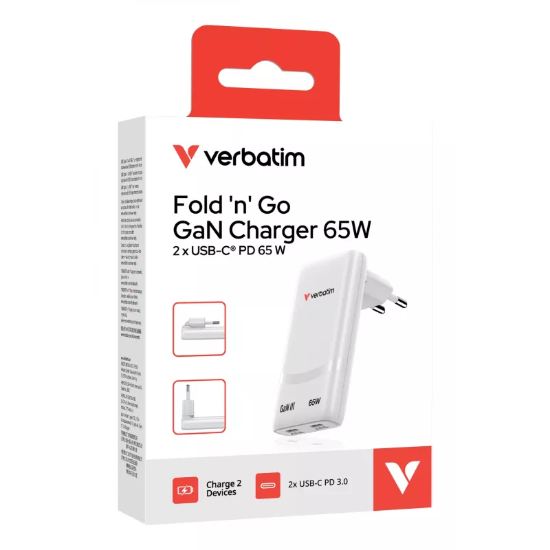 Verbatim Fold 'n' Go GaN Charger 65W EU plug White, Indoor, AC, 20 V, White