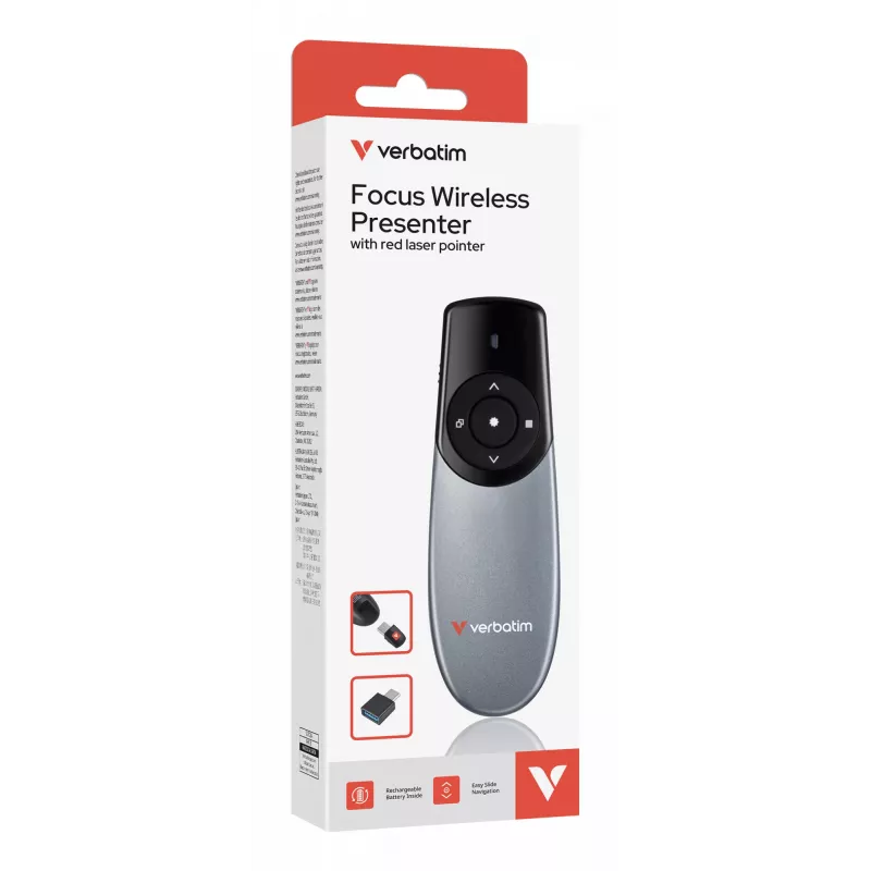 Verbatim Focus Wireless Presenter with Red Laser Pointer, RF, USB, 30 m, Black, Silver