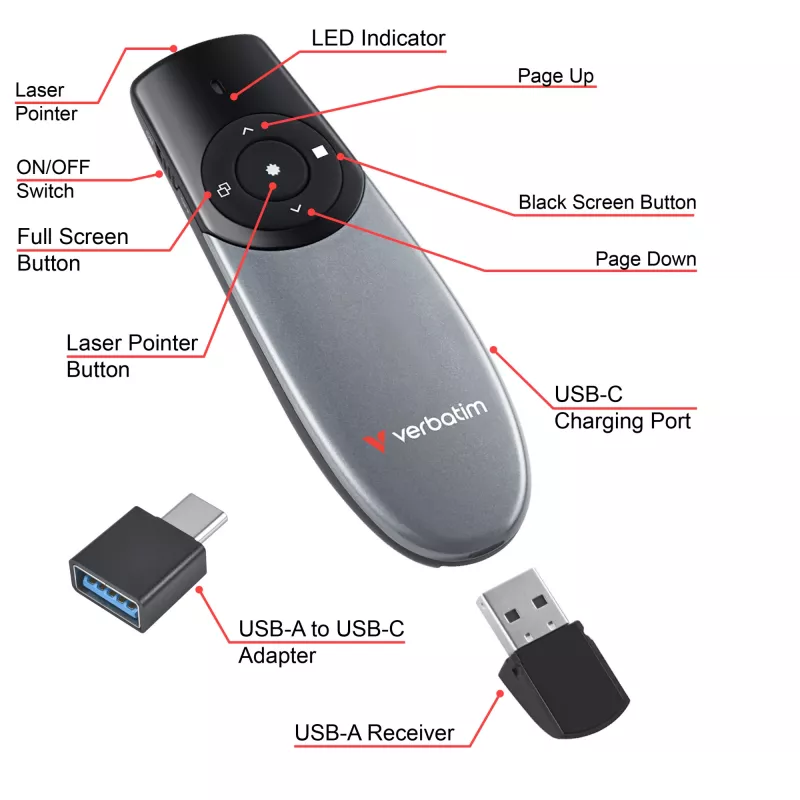 Verbatim Focus Wireless Presenter with Red Laser Pointer, RF, USB, 30 m, Black, Silver