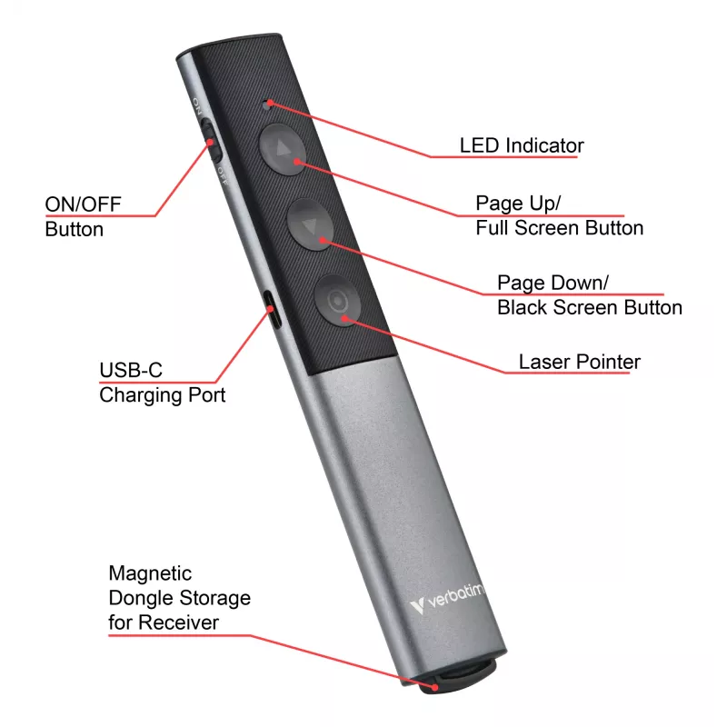 Verbatim Agenda Wireless Presenter with Red Laser Pointer, RF, USB, 100 m, Black, Silver