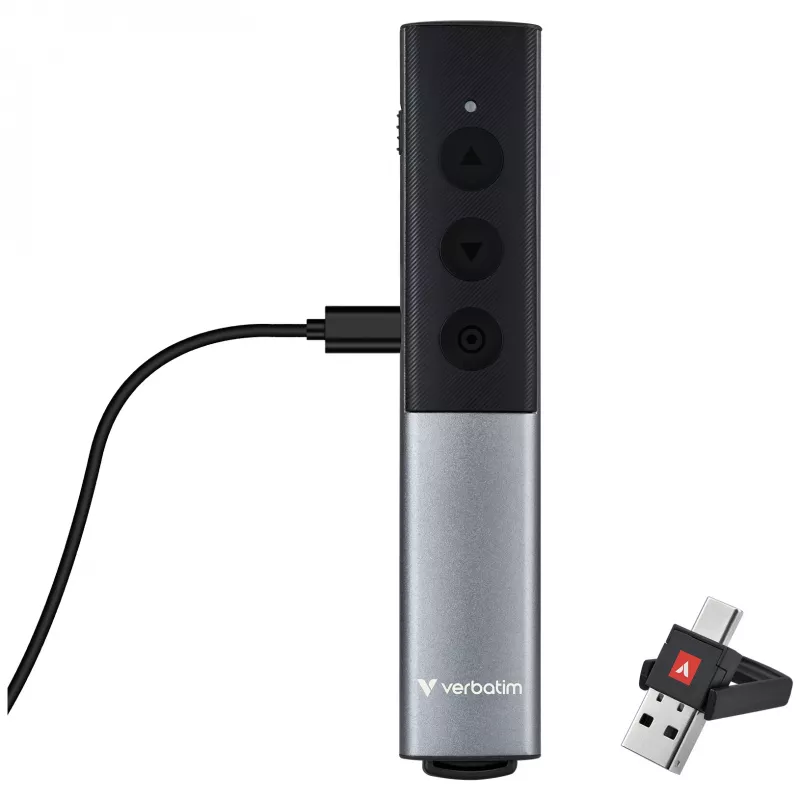 Verbatim Agenda Wireless Presenter with Red Laser Pointer, RF, USB, 100 m, Black, Silver