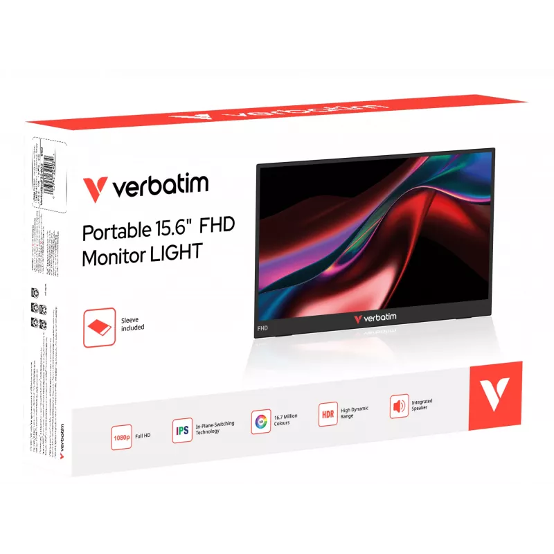 Verbatim Portable 15.6 inch FHD Monitor LIGHT, 39.6 cm (15.6 inch), LCD, 1920 x 1080 pixels, Full HD, 16:9, 10 ms
