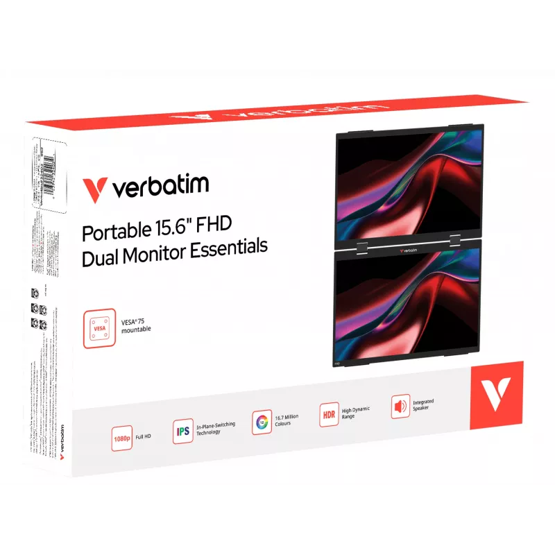 Verbatim Portable 15.6 inch FHD Dual Monitor Essentials, 39.6 cm (15.6 inch), LCD, 1920 x 1080 pixels, Full HD, 16:9, 10 ms