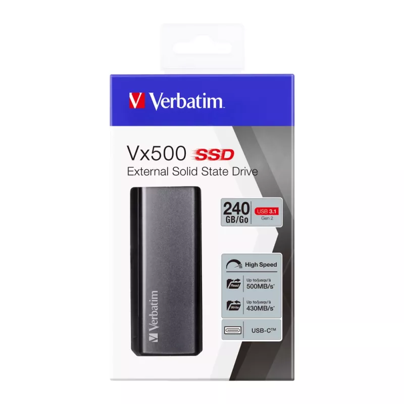 Verbatim Vx500 External SSD USB 3.1 Gen 2 240GB, 240 GB, USB Type-C, 3.2 Gen 2 (3.1 Gen 2), 500 MB/s, Silver