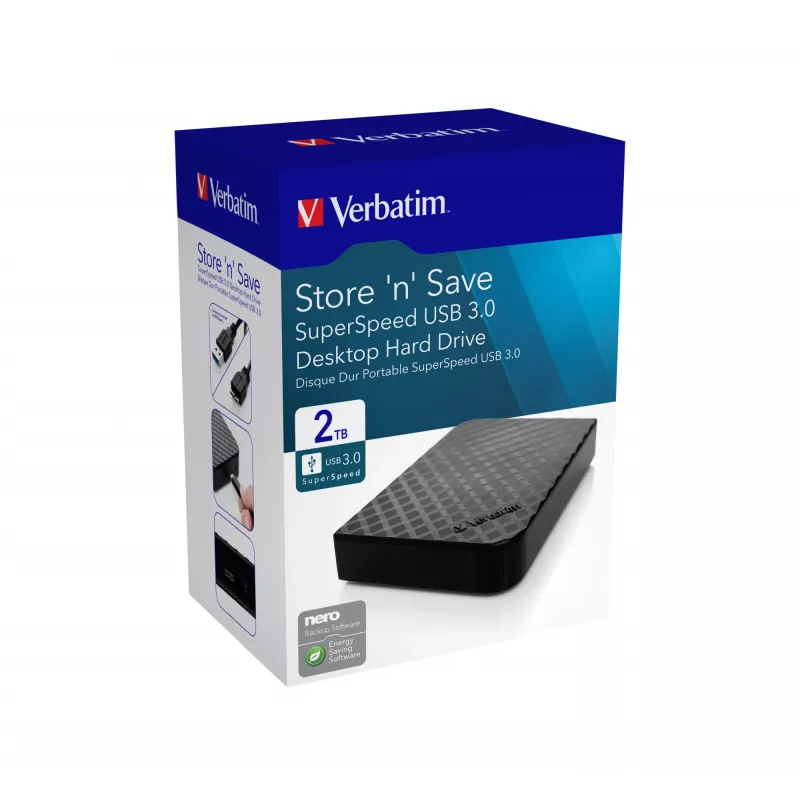 Verbatim Store 'n' Save 2TB USB 3.0, 2 TB, 3.2 Gen 1 (3.1 Gen 1), Black