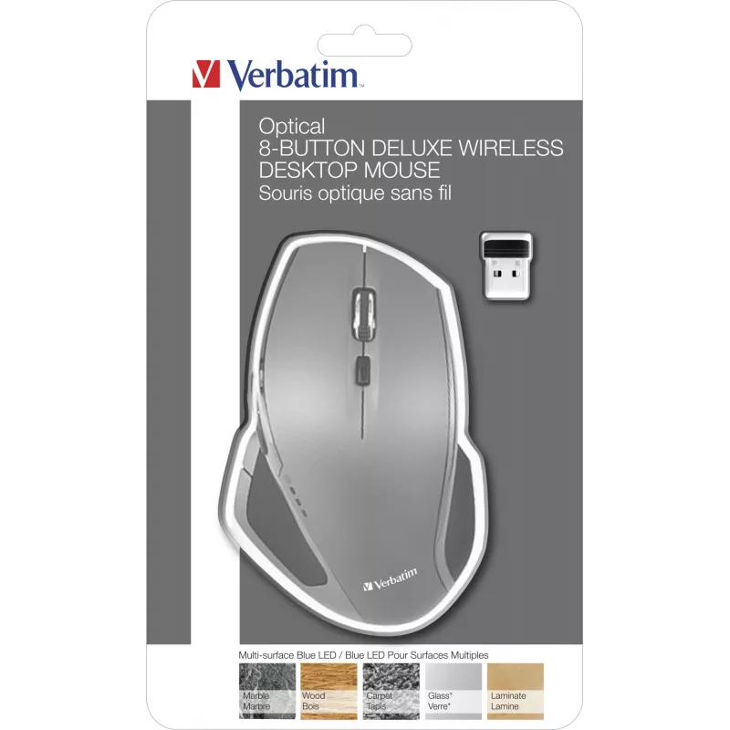 Verbatim 8-Button Wireless Blue LED Mouse, Blue LED, RF Wireless, 1600 DPI, Black, Grey